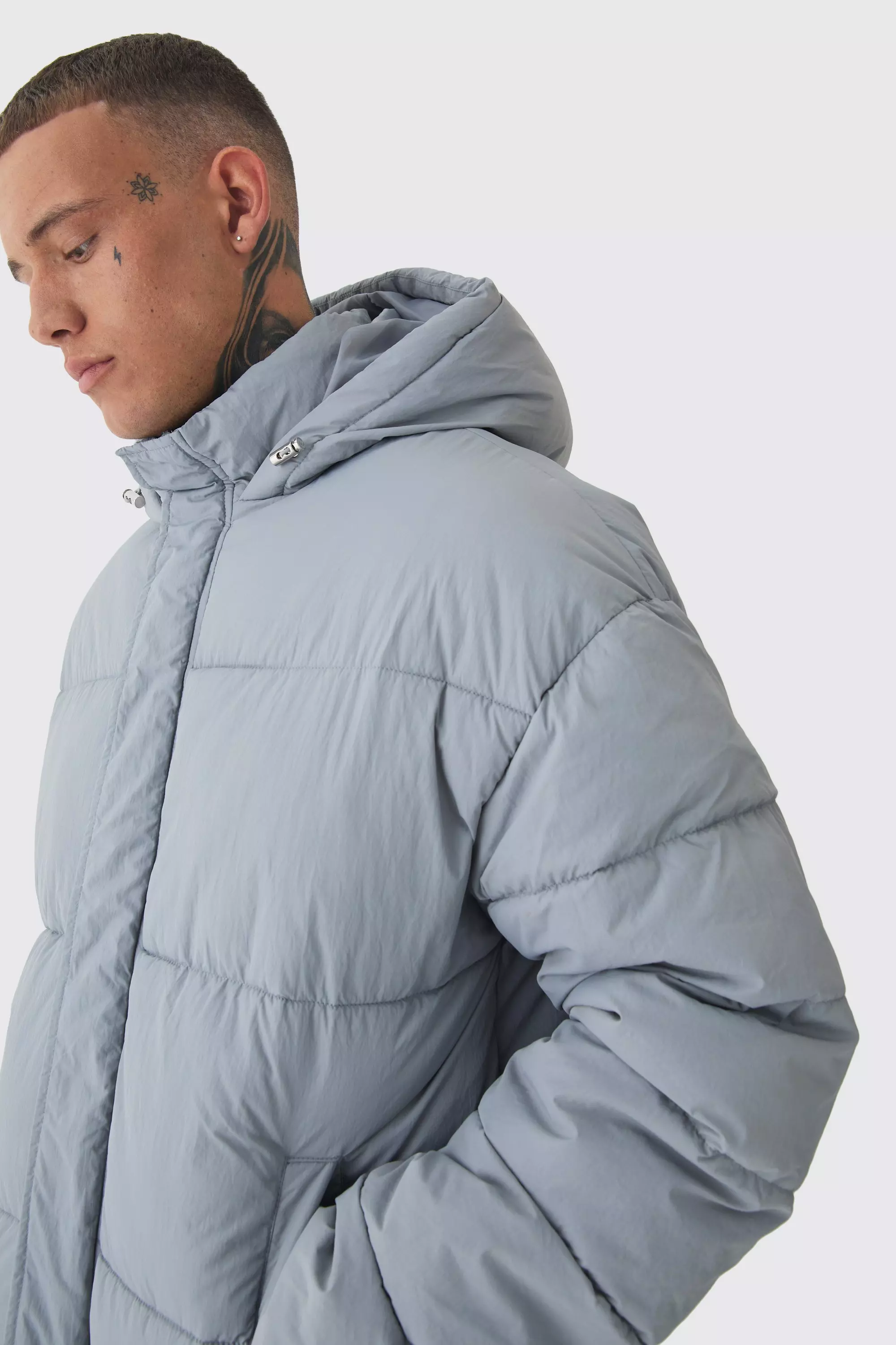 Tall Boxy Crinkle Nylon Puffer Jacket In Light Grey